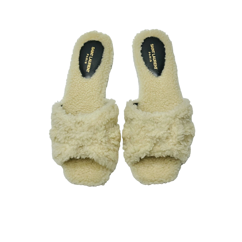 NIB Saint Laurent YSL Tribute EU 37 US 7 Slip On Flat Sandals Beige Shearling - Picture 3 of 9